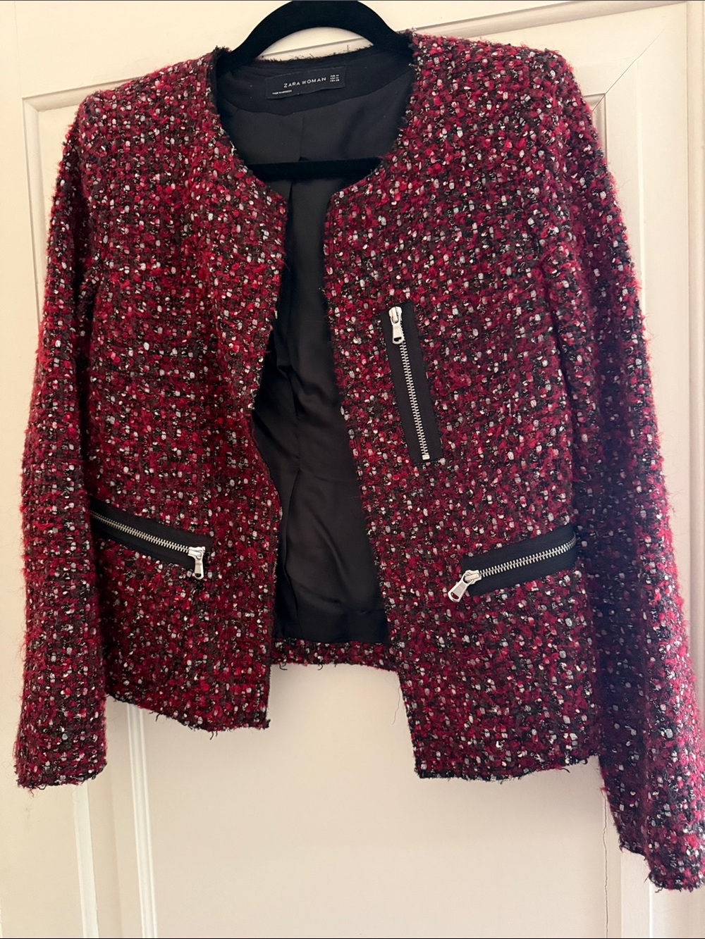 Zara deep black and deep red tweed jacket